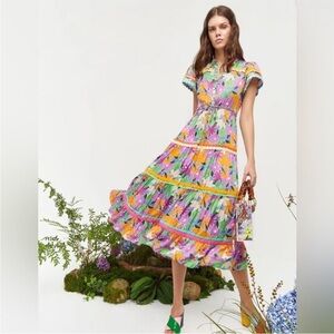 CeliaB Aneeta Midi Dress Scalloped Ruffle Floral Print Embroidered Long Size XS